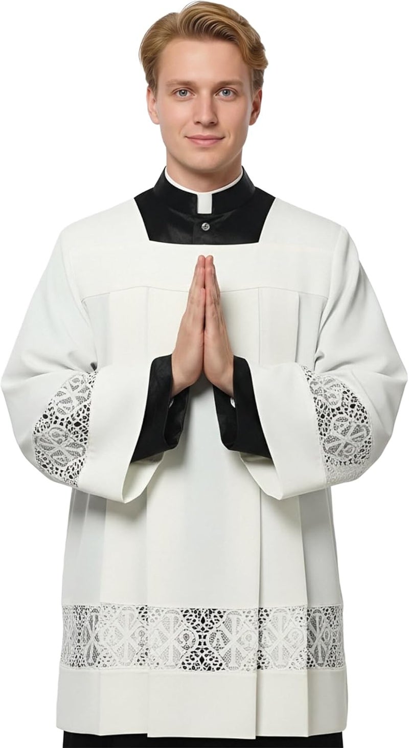 ANDHOM Catholic Premium Clergy Vestment Set Elegant White Surplice with Pleated Lace Details - Image 2